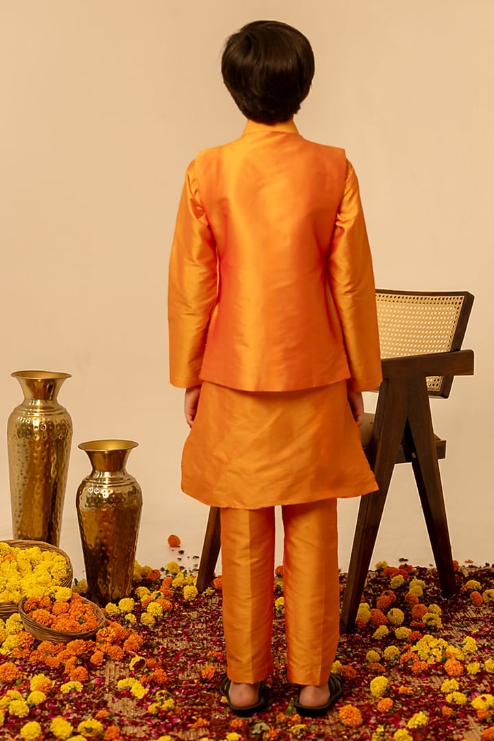 Orange Taffeta Gota Patti Work Nehru Jacket Set For Boys by POMCHA at Pernia's Pop Up Shop