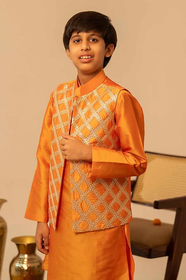 Orange Taffeta Gota Patti Work Nehru Jacket Set For Boys by POMCHA at Pernia's Pop Up Shop