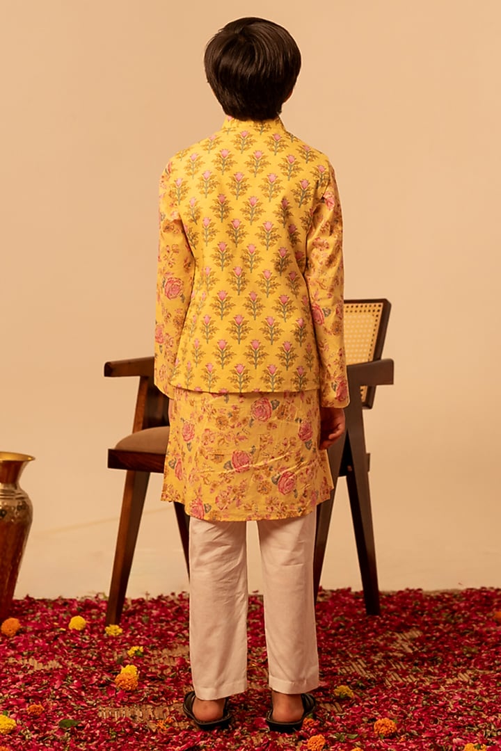Yellow Cotton Hand Block Printed Nehru Jacket Set For Boys by POMCHA at Pernia's Pop Up Shop