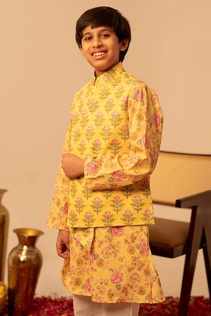 Yellow Cotton Hand Block Printed Nehru Jacket Set For Boys by POMCHA at Pernia's Pop Up Shop