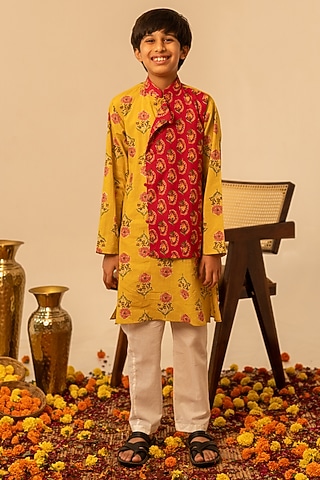 Yellow Cotton Hand Block Printed Cotton Kurta Set For Boys by POMCHA