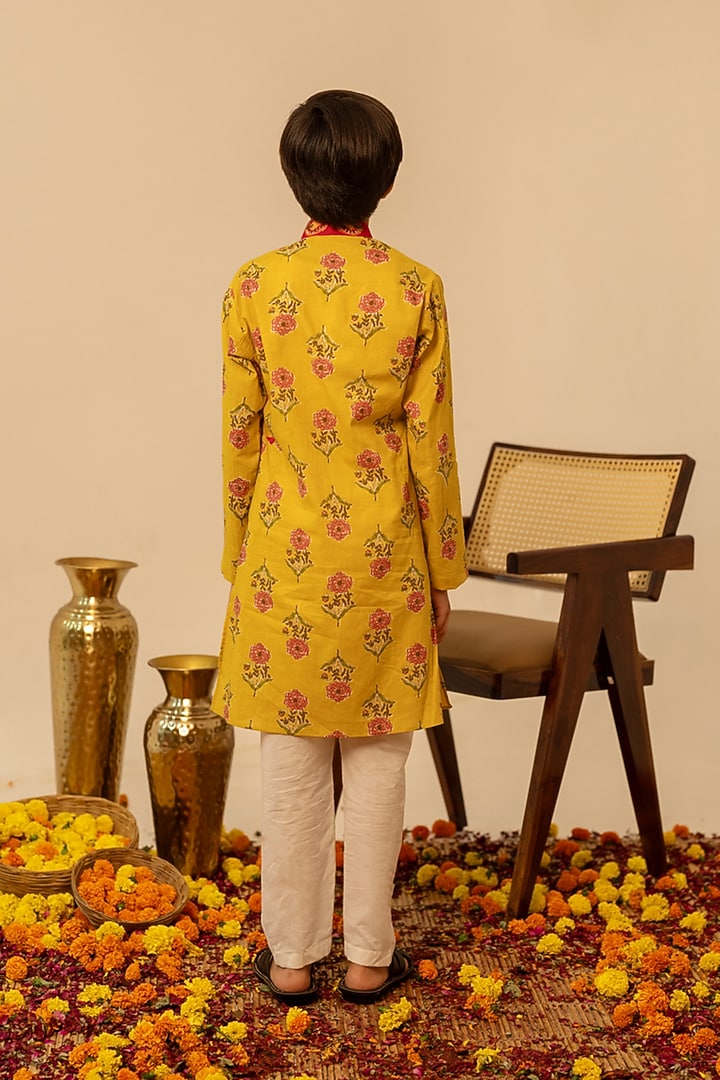Yellow Cotton Hand Block Printed Cotton Kurta Set For Boys by POMCHA at Pernia's Pop Up Shop
