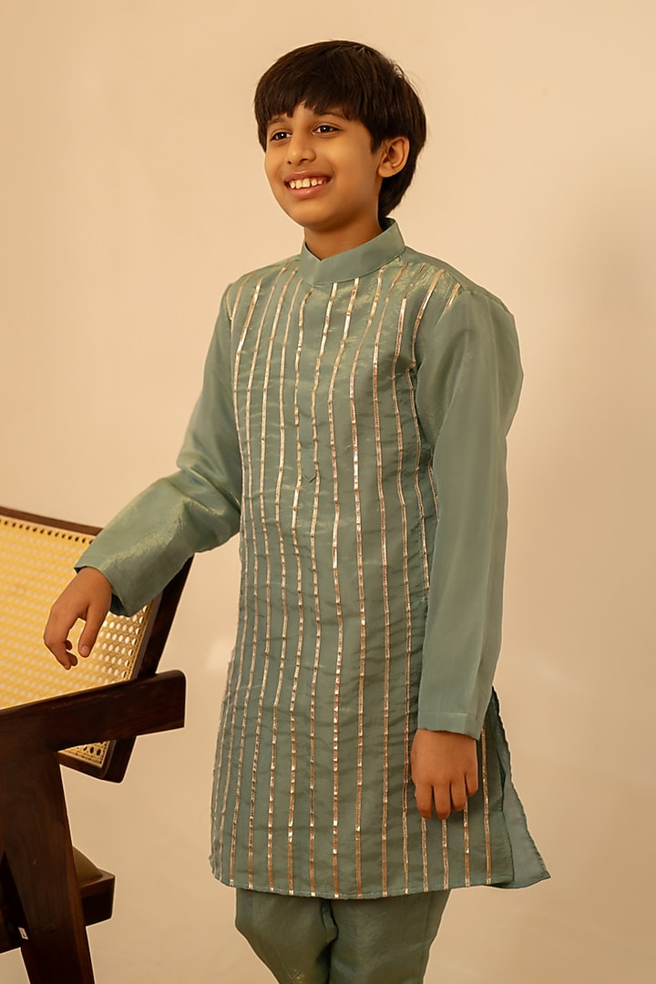 Blue Cosmos Gota Patti Work Kurta Set For Boys by POMCHA at Pernia's Pop Up Shop