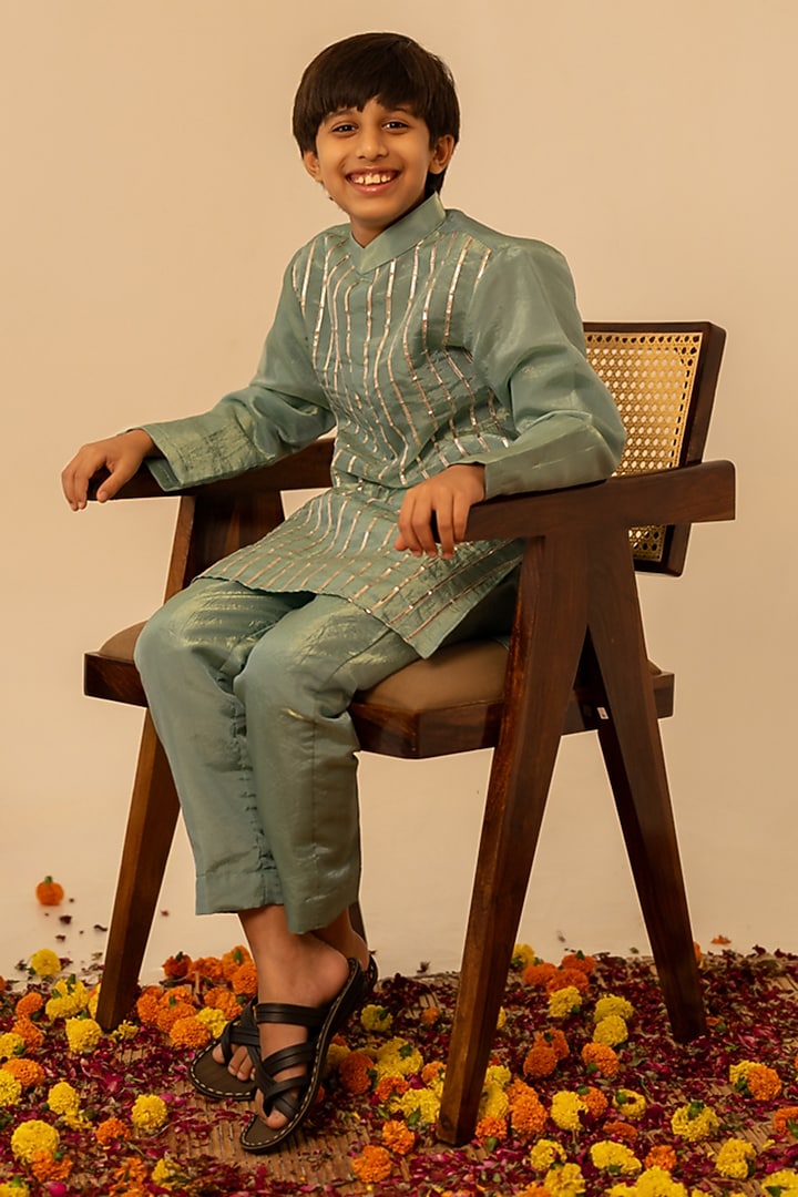 Blue Cosmos Gota Patti Work Kurta Set For Boys by POMCHA at Pernia's Pop Up Shop