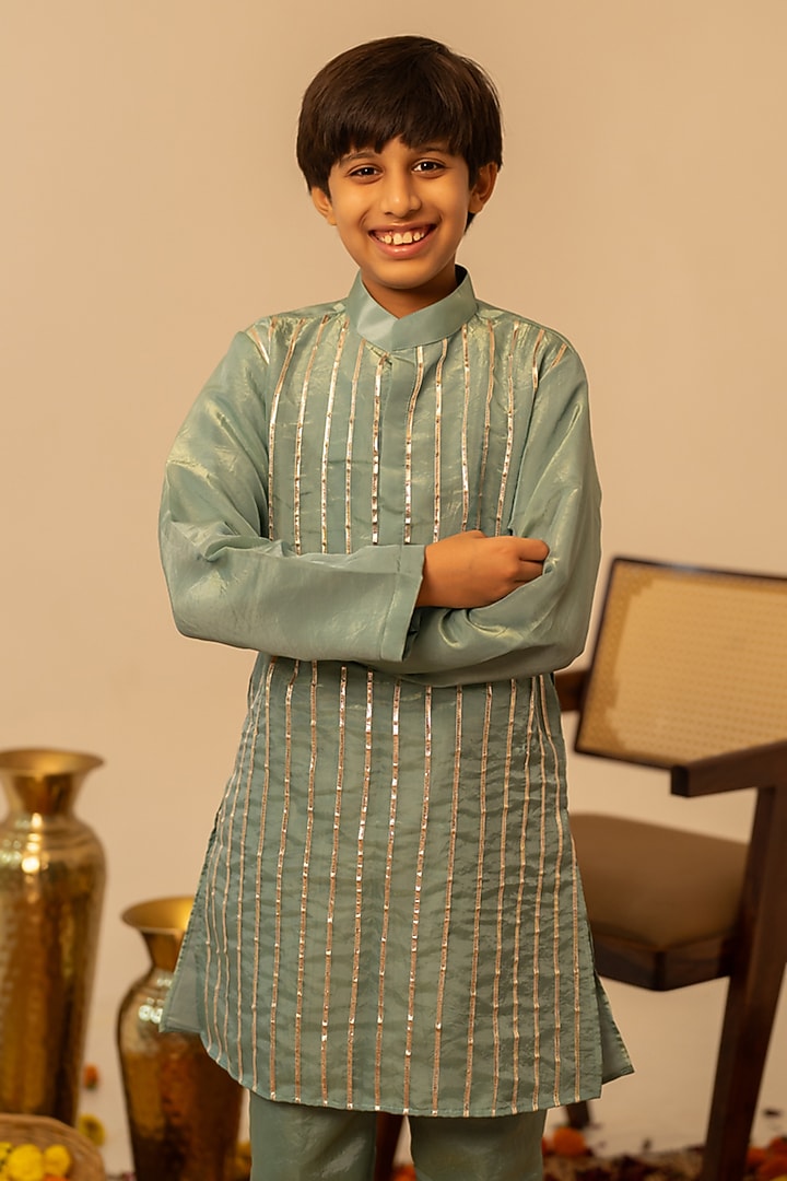 Blue Cosmos Gota Patti Work Kurta Set For Boys by POMCHA at Pernia's Pop Up Shop