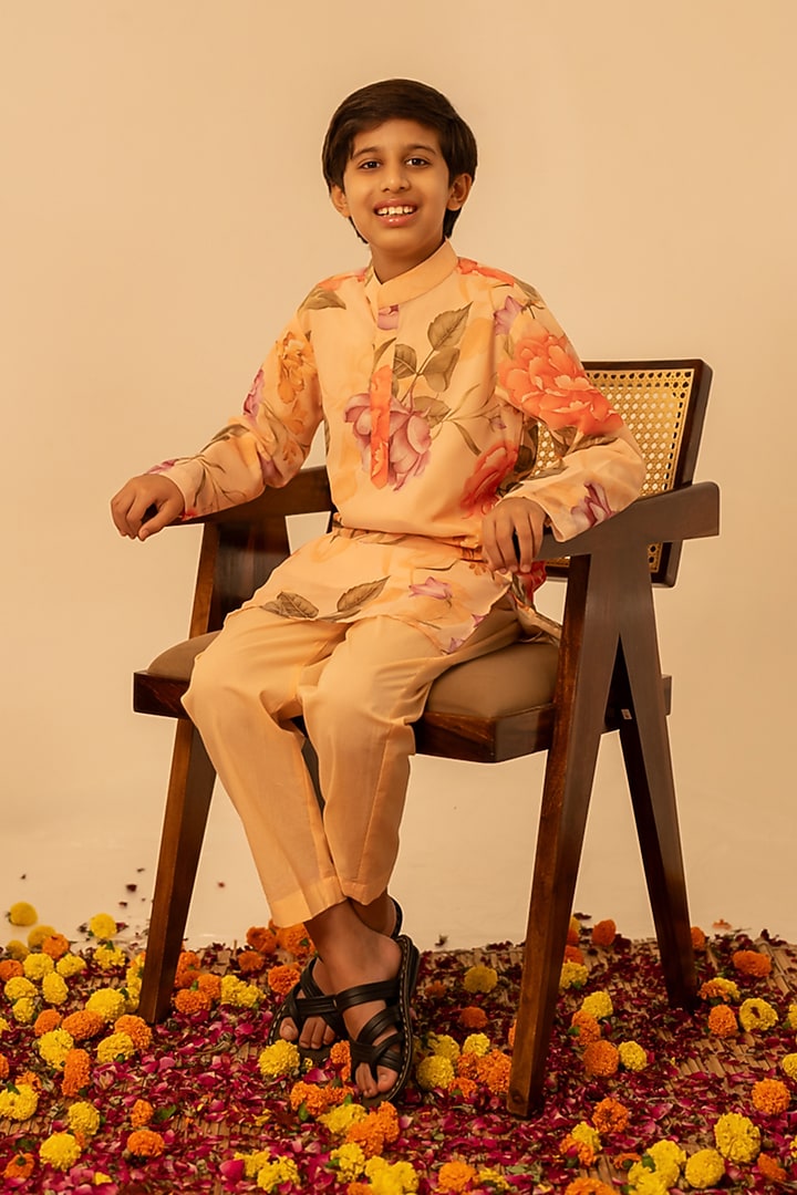 Peach Cotton Floral Printed Cotton Kurta Set For Boys by POMCHA at Pernia's Pop Up Shop