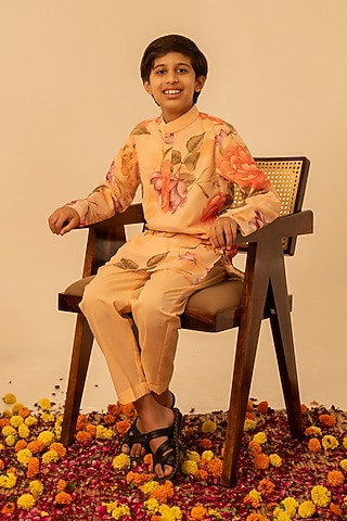 Peach Cotton Floral Printed Cotton Kurta Set For Boys by POMCHA
