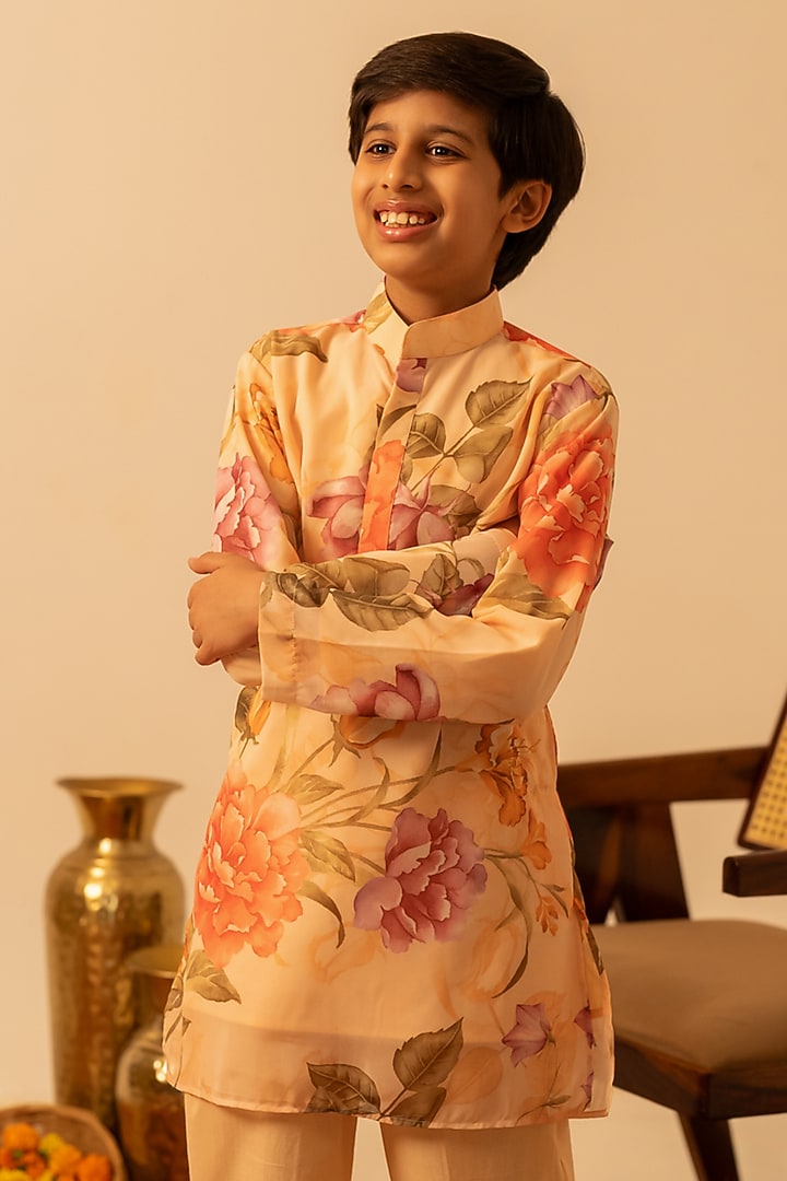 Peach Cotton Floral Printed Cotton Kurta Set For Boys by POMCHA at Pernia's Pop Up Shop