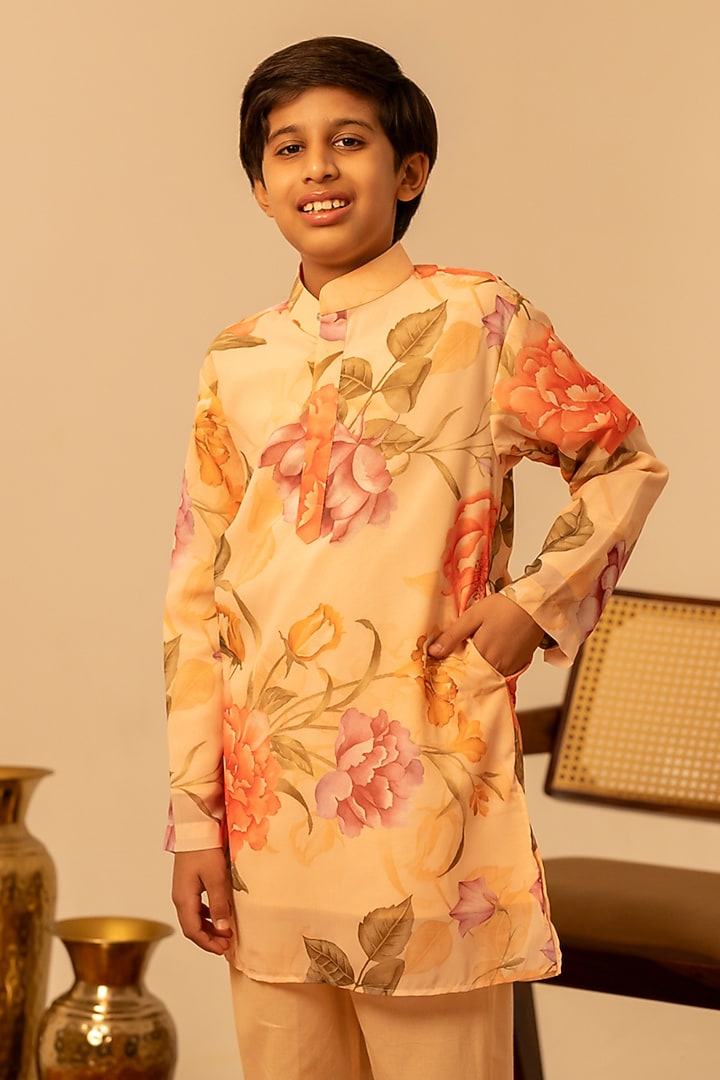 Peach Cotton Floral Printed Cotton Kurta Set For Boys by POMCHA at Pernia's Pop Up Shop