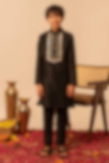 Black Cotton Silk Gota Patti Work Kurta Set For Boys by POMCHA at Pernia's Pop Up Shop