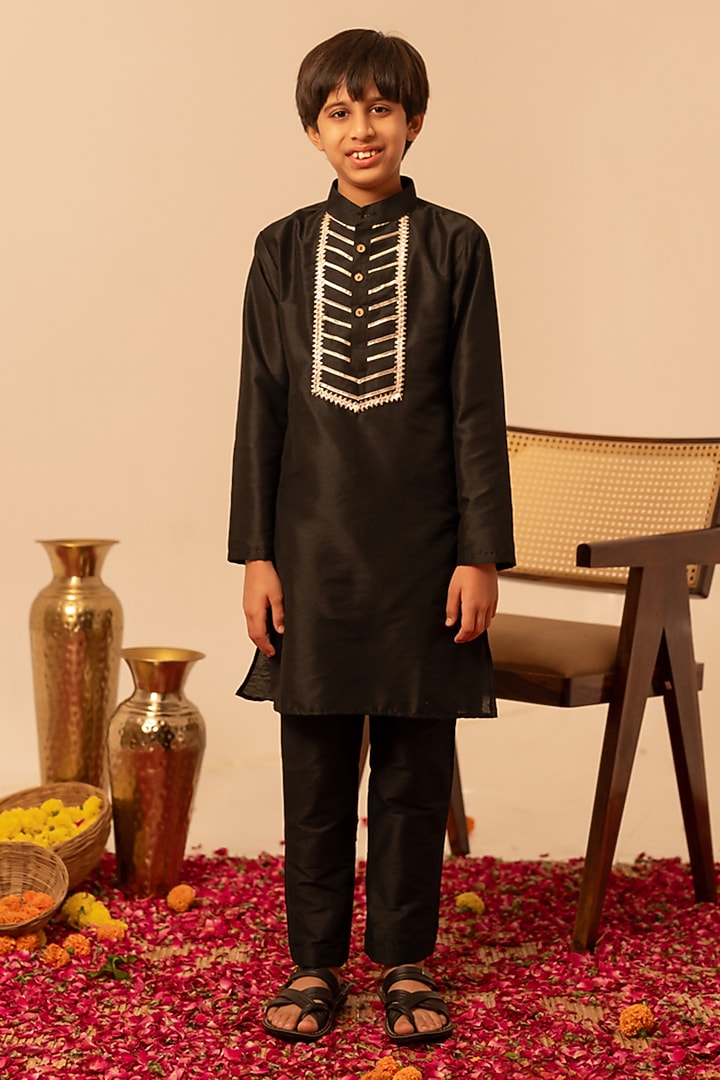 Black Cotton Silk Gota Patti Work Kurta Set For Boys by POMCHA at Pernia's Pop Up Shop