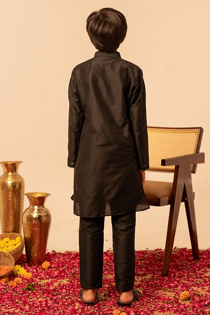 Black Cotton Silk Gota Patti Work Kurta Set For Boys by POMCHA at Pernia's Pop Up Shop