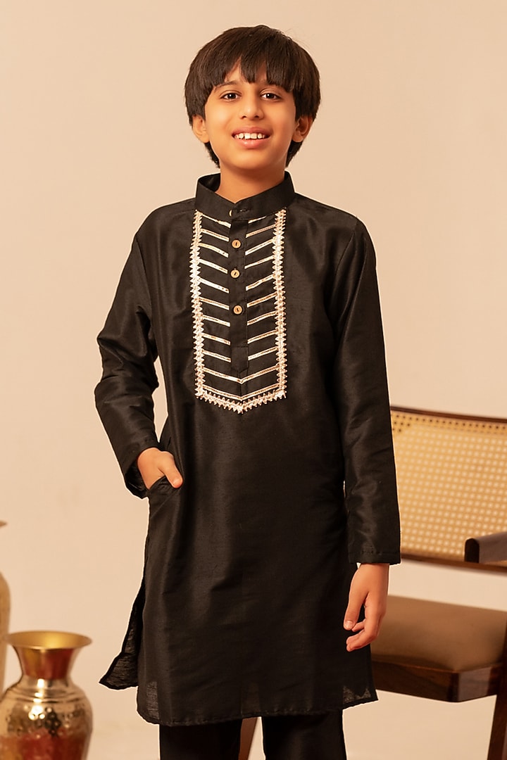 Black Cotton Silk Gota Patti Work Kurta Set For Boys by POMCHA at Pernia's Pop Up Shop