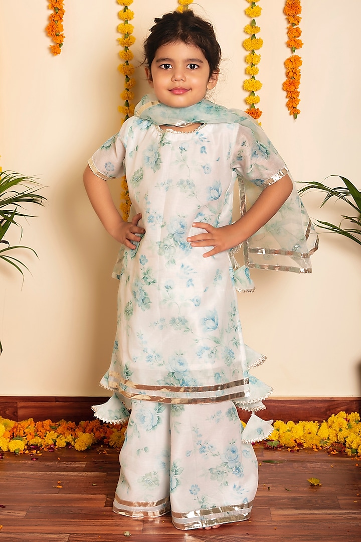 White Cotton Gota Work & Printed Kurta Set For Girls by POMCHA at Pernia's Pop Up Shop