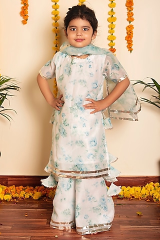 White Cotton Gota Work & Printed Kurta Set For Girls by POMCHA