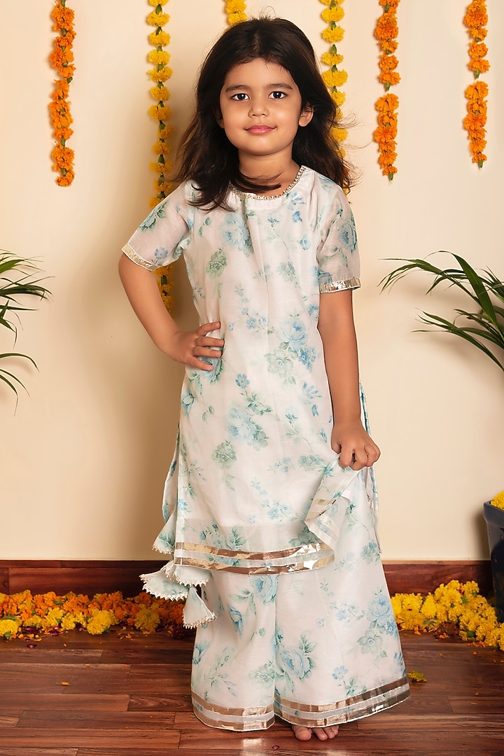White Cotton Gota Work & Printed Kurta Set For Girls by POMCHA at Pernia's Pop Up Shop