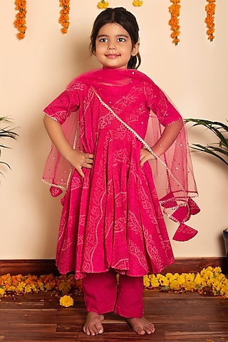 Pink Cotton Gota Work Anarkali Set For Girls by POMCHA