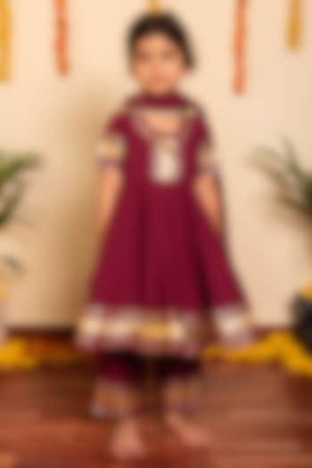 Burgundy Cotton Gota Lace Work Anarkali Set For Girls by POMCHA at Pernia's Pop Up Shop