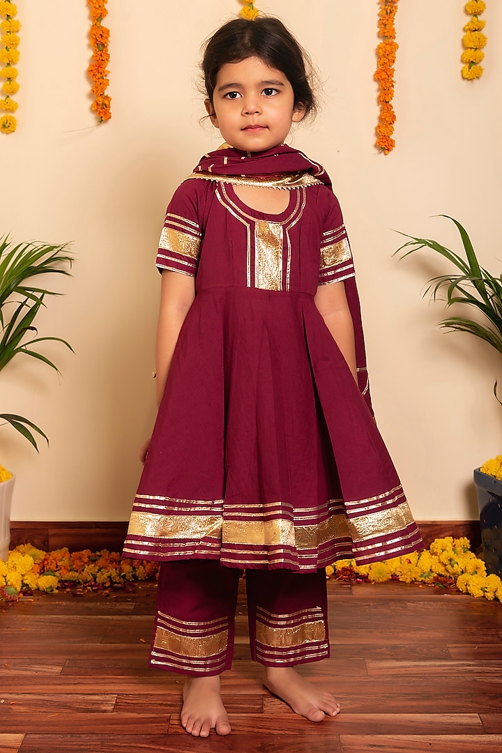 Burgundy Cotton Gota Lace Work Anarkali Set For Girls by POMCHA at Pernia's Pop Up Shop