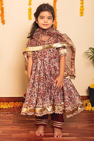 Brown Organza Gota Printed Anarkali Set For Girls by POMCHA
