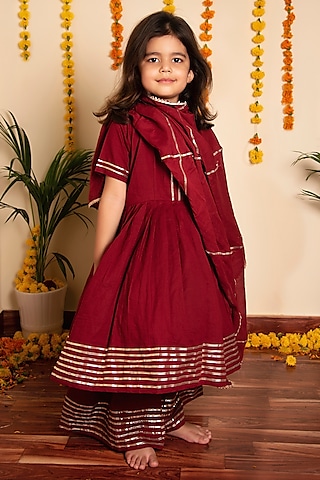 Maroon Cotton Gota Lace Work Anarkali Set For Girls by POMCHA