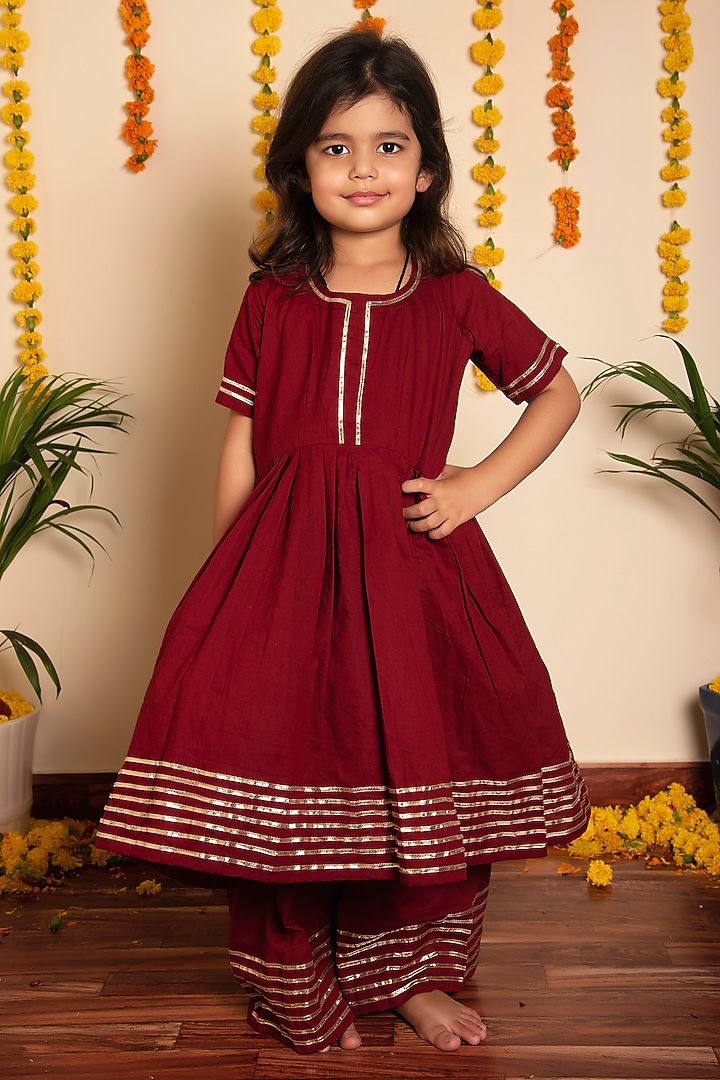 Maroon Cotton Gota Lace Work Anarkali Set For Girls by POMCHA at Pernia's Pop Up Shop