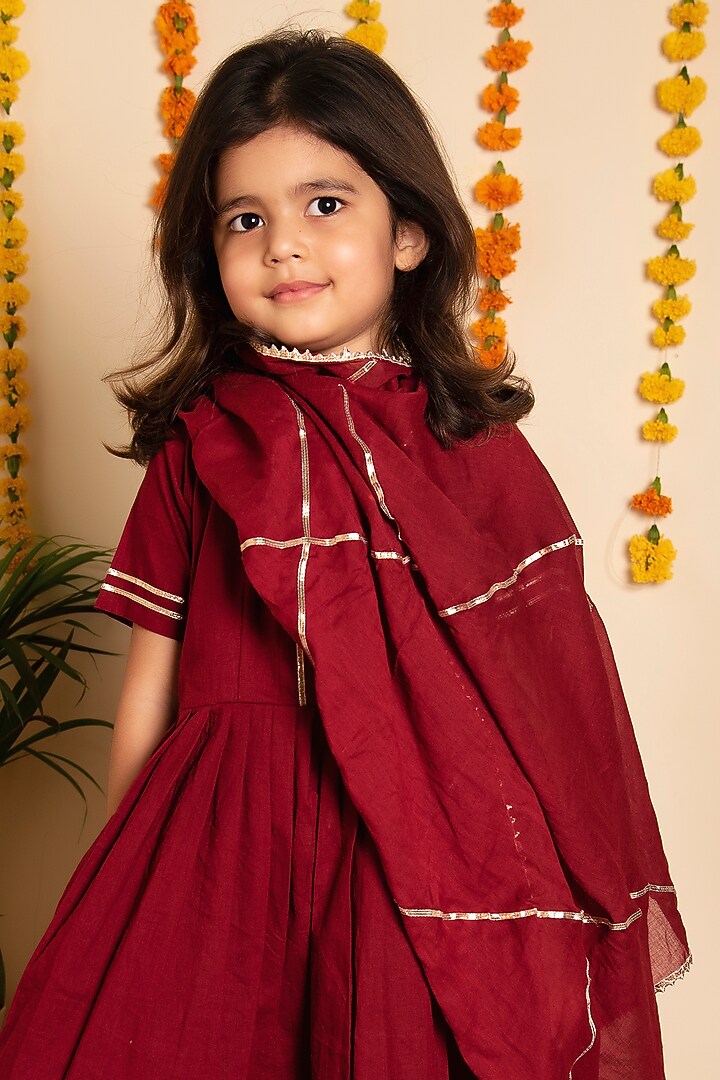 Maroon Cotton Gota Lace Work Anarkali Set For Girls by POMCHA at Pernia's Pop Up Shop