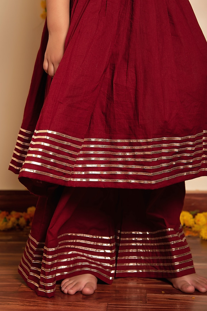 Maroon Cotton Gota Lace Work Anarkali Set For Girls by POMCHA at Pernia's Pop Up Shop