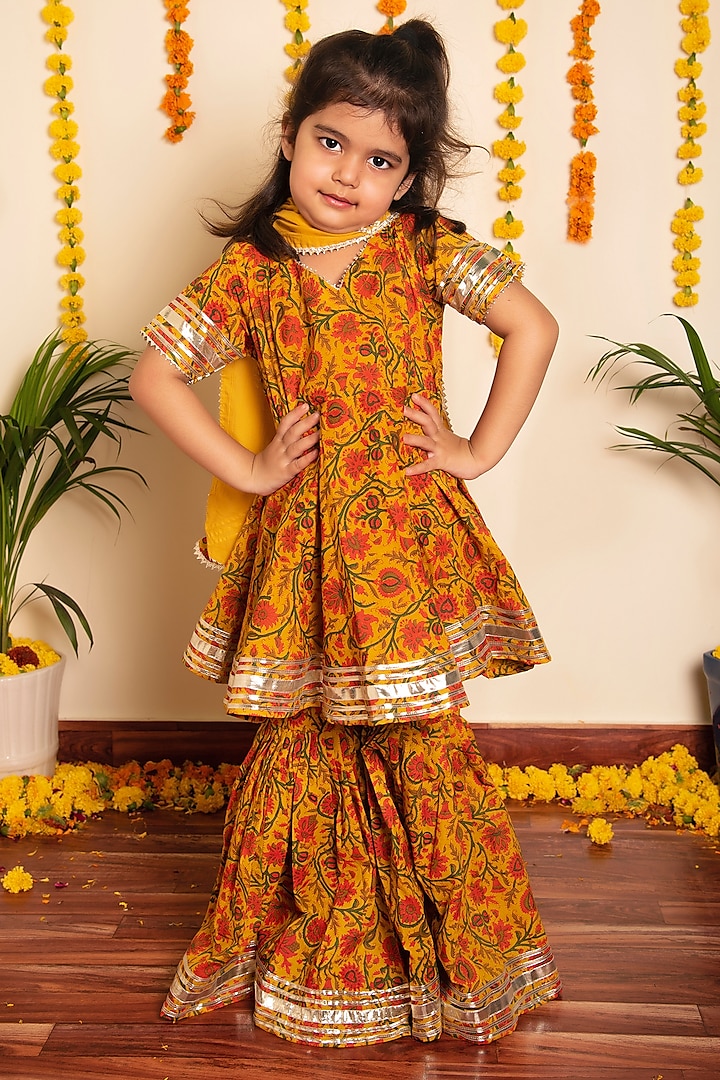 Mustard Cotton Printed Sharara Set For Girls by POMCHA at Pernia's Pop Up Shop