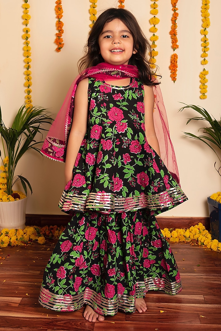 Black Cotton Floral Hand Block Printed Sharara Set For Girls by POMCHA