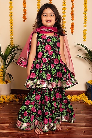 Black Cotton Floral Hand Block Printed Sharara Set For Girls by POMCHA