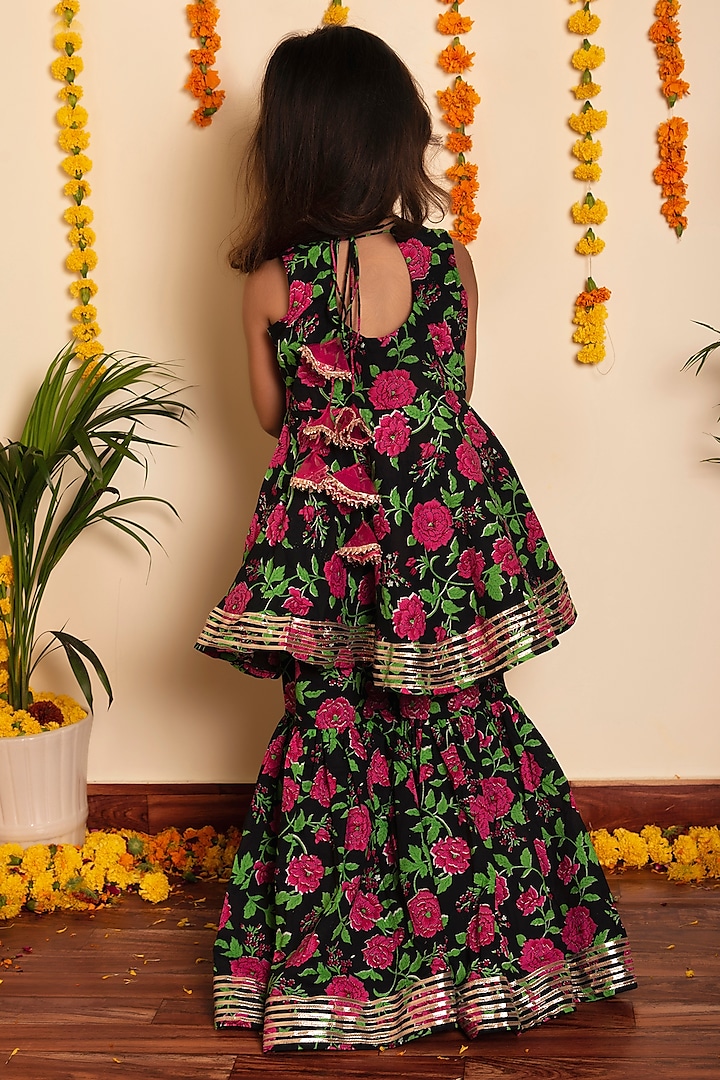 Black Cotton Floral Hand Block Printed Sharara Set For Girls by POMCHA at Pernia's Pop Up Shop