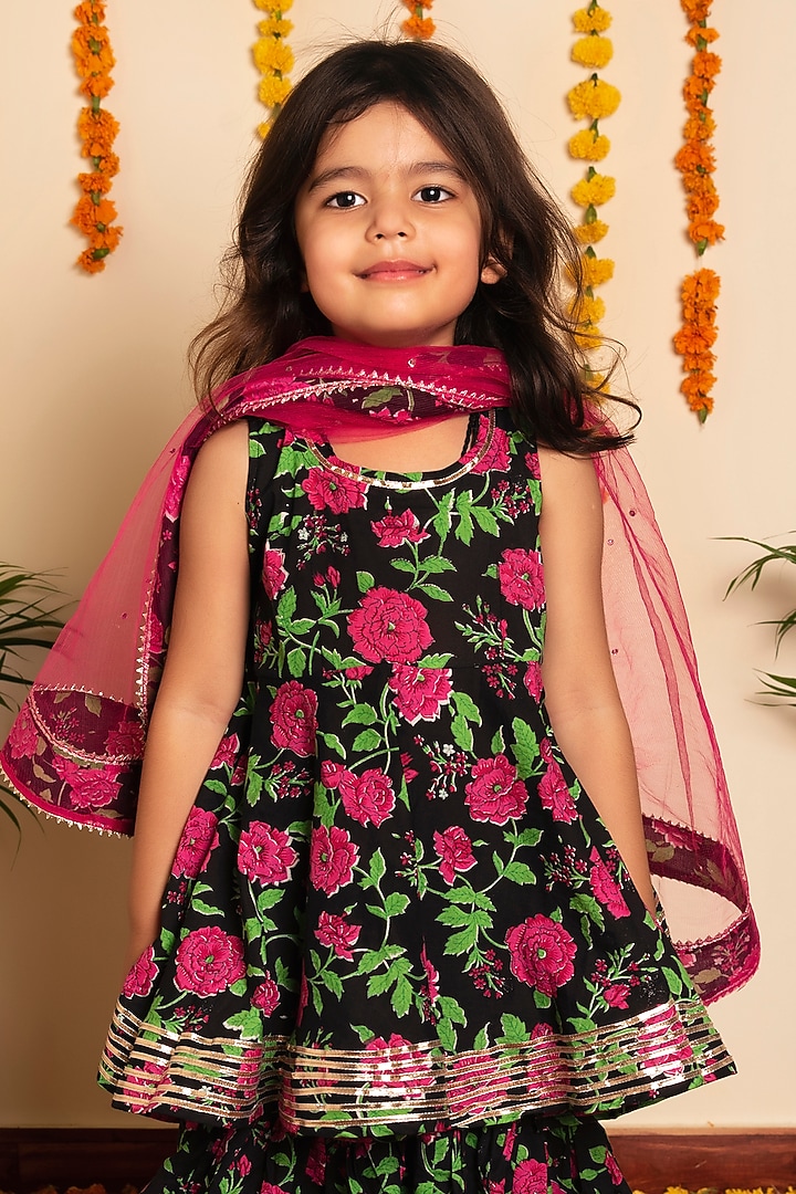 Black Cotton Floral Hand Block Printed Sharara Set For Girls by POMCHA at Pernia's Pop Up Shop