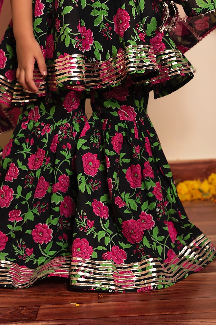 Black Cotton Floral Hand Block Printed Sharara Set For Girls by POMCHA at Pernia's Pop Up Shop