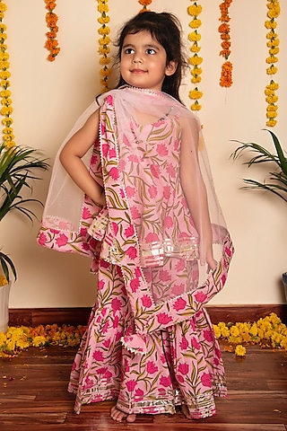 Pink Cotton Printed Sharara Set For Girls by POMCHA