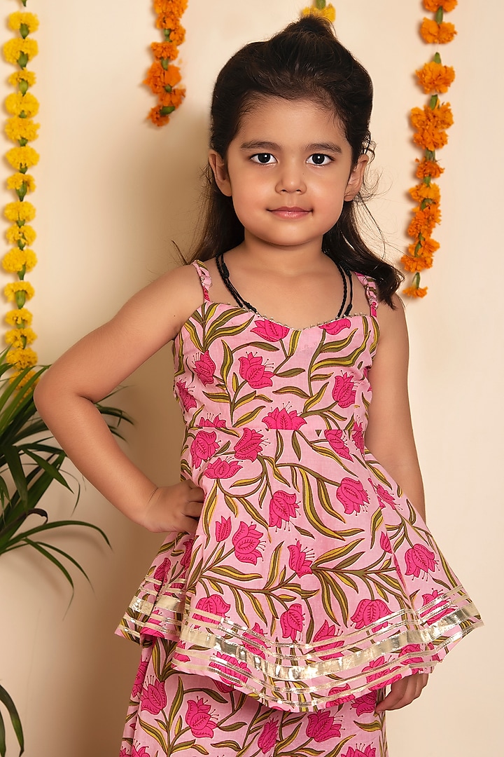 Pink Cotton Printed Sharara Set For Girls by POMCHA at Pernia's Pop Up Shop
