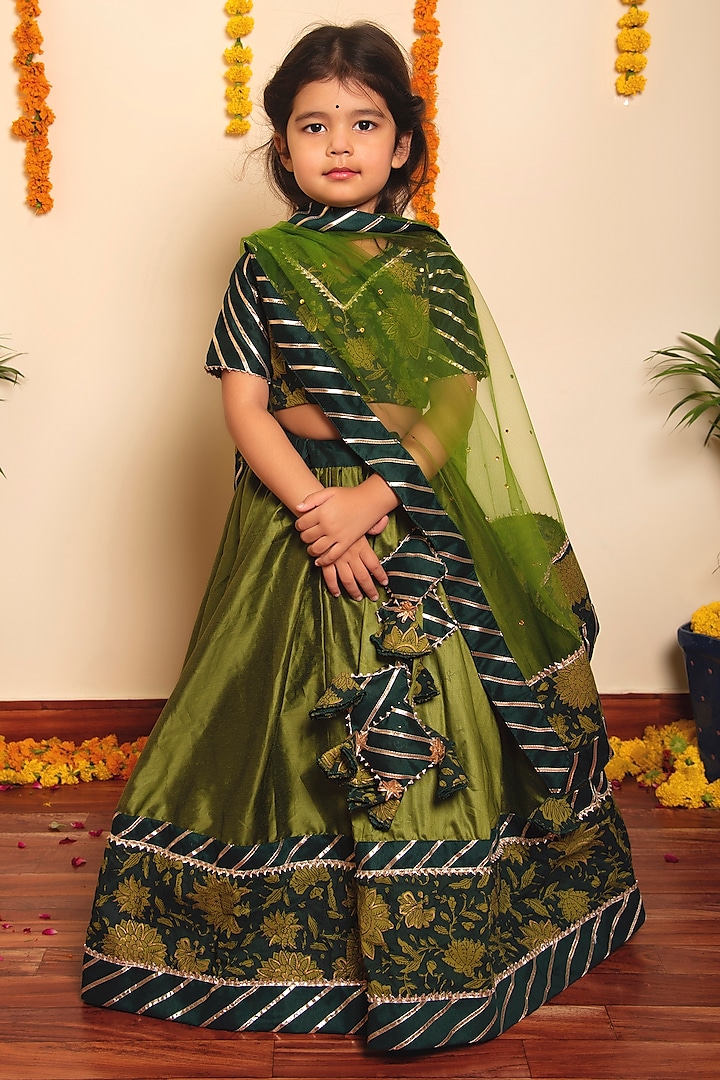 Green Cotton Silk Lehenga Set For Girls by POMCHA at Pernia's Pop Up Shop