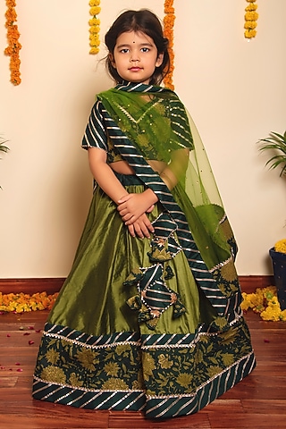 Green Cotton Silk Lehenga Set For Girls by POMCHA