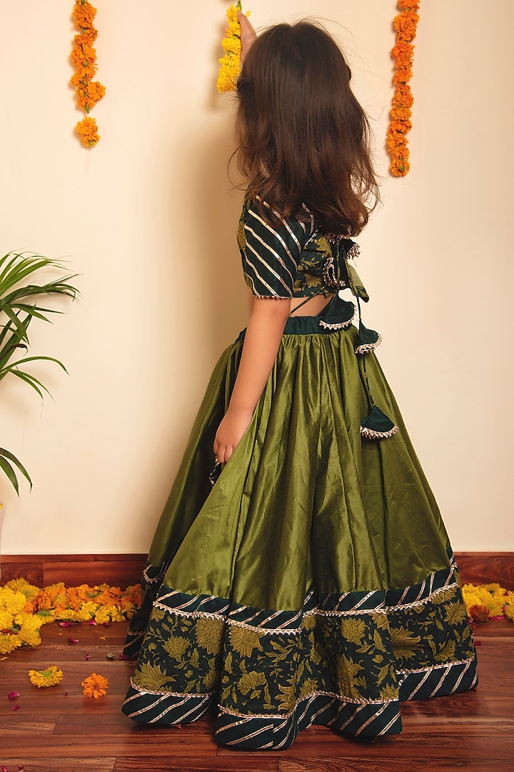 Green Cotton Silk Lehenga Set For Girls by POMCHA at Pernia's Pop Up Shop