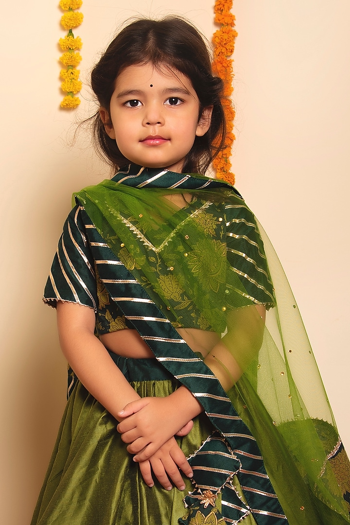 Green Cotton Silk Lehenga Set For Girls by POMCHA at Pernia's Pop Up Shop