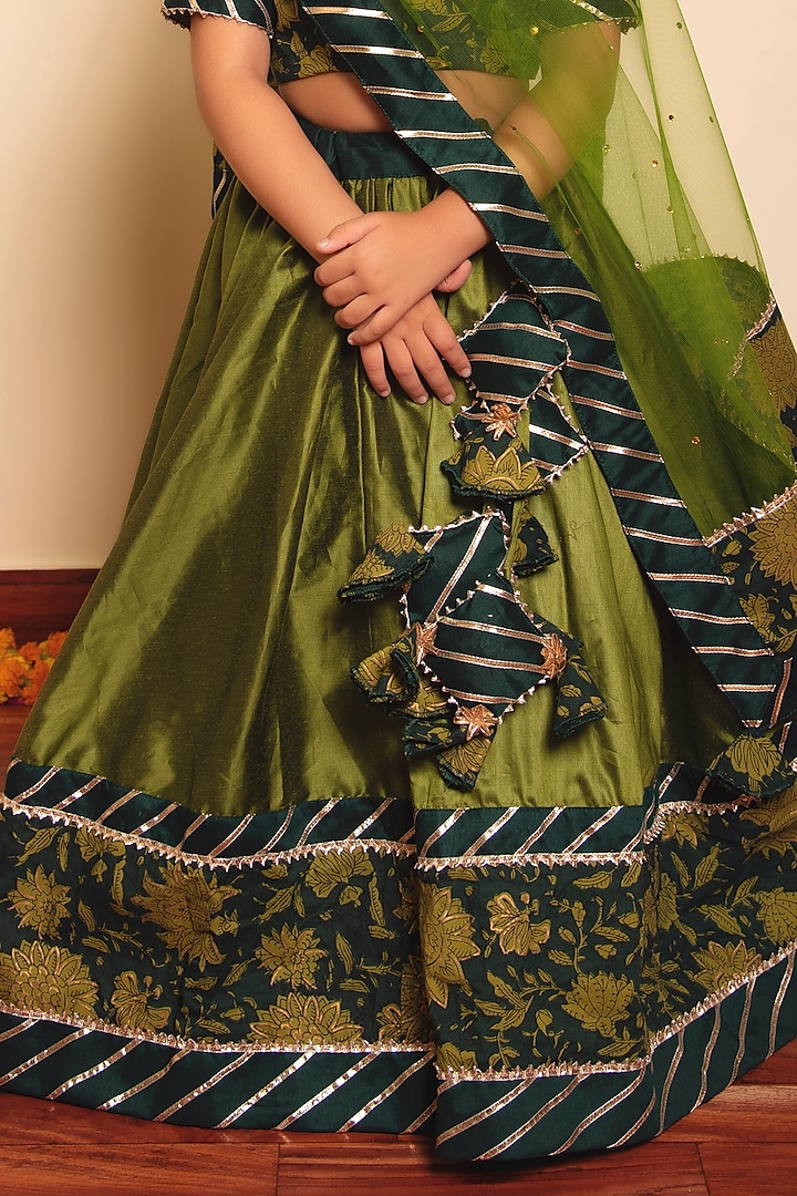 Green Cotton Silk Lehenga Set For Girls by POMCHA at Pernia's Pop Up Shop