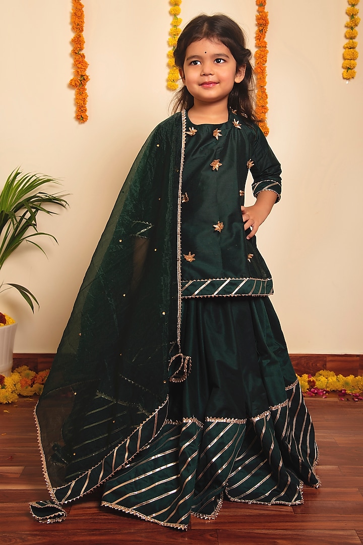 Green Cotton Silk Lehenga Set For Girls by POMCHA at Pernia's Pop Up Shop