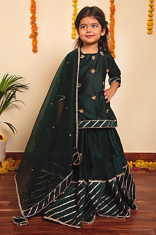 Green Cotton Silk Lehenga Set For Girls by POMCHA