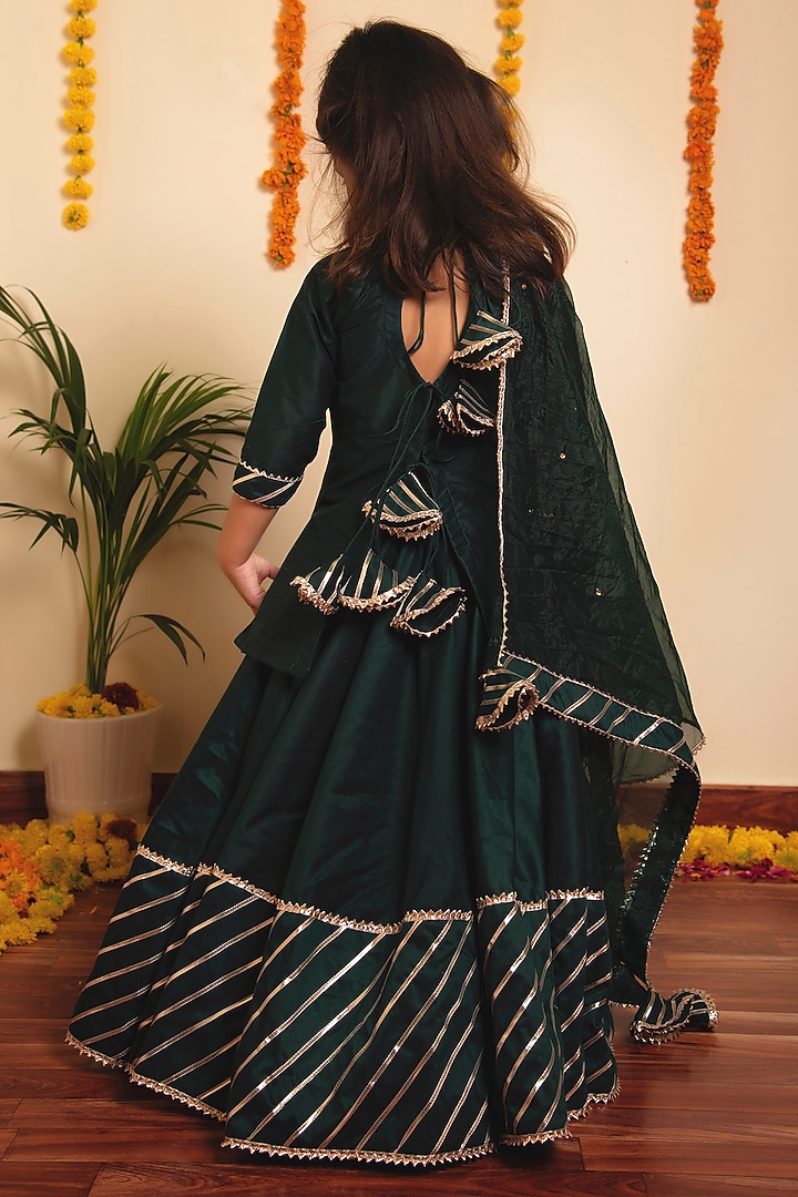 Green Cotton Silk Lehenga Set For Girls by POMCHA at Pernia's Pop Up Shop
