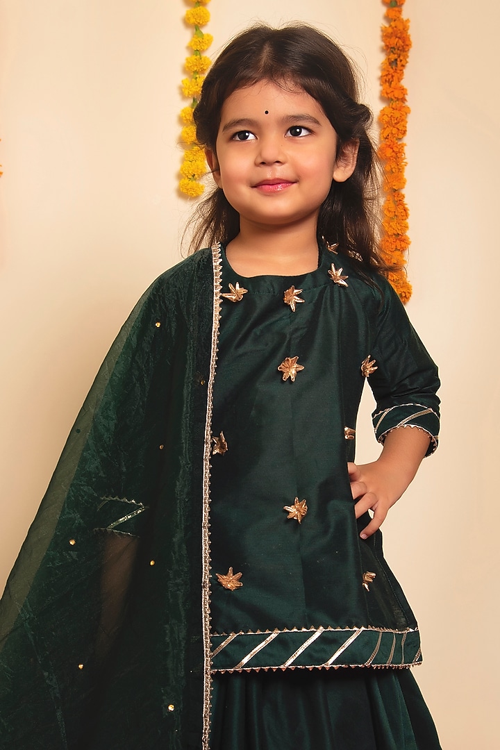 Green Cotton Silk Lehenga Set For Girls by POMCHA at Pernia's Pop Up Shop