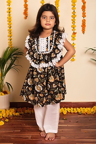 Brown Organza Gota Lace Work & Printed Kurta Set For Girls by POMCHA