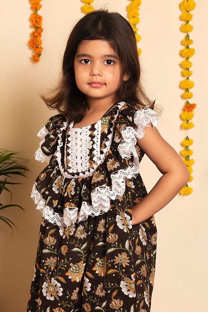 Brown Organza Gota Lace Work & Printed Kurta Set For Girls by POMCHA at Pernia's Pop Up Shop