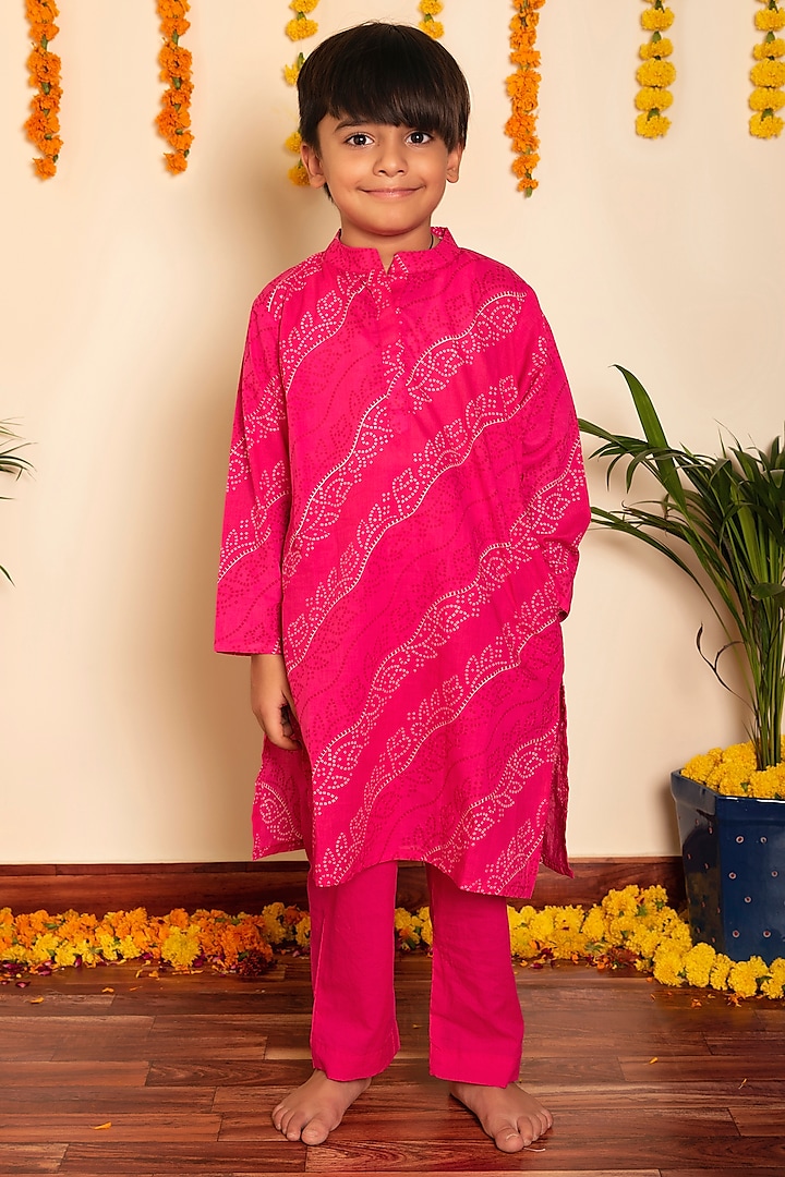 Pink Cotton Hand Block Printed Kurta Set For Boys by POMCHA at Pernia's Pop Up Shop