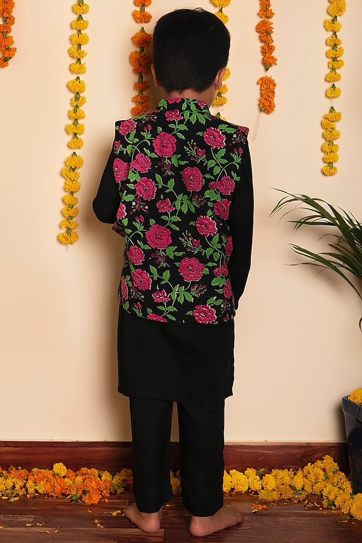 Black Cotton Hand Block Printed Nehru Jacket Set For Boys by POMCHA at Pernia's Pop Up Shop