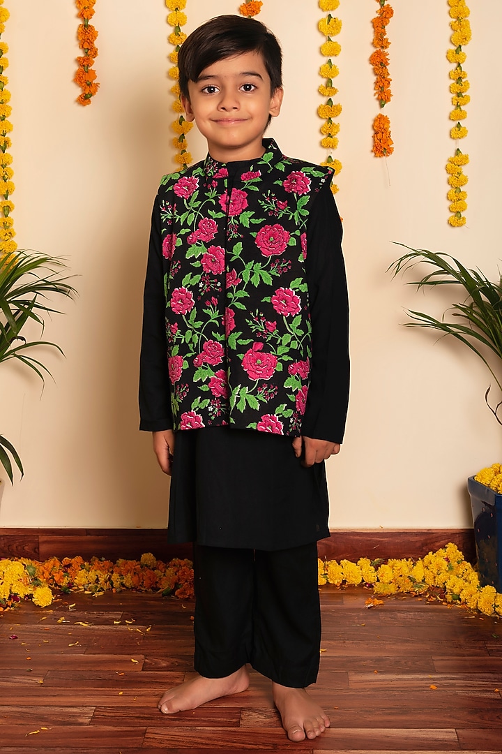 Black Cotton Hand Block Printed Nehru Jacket Set For Boys by POMCHA at Pernia's Pop Up Shop